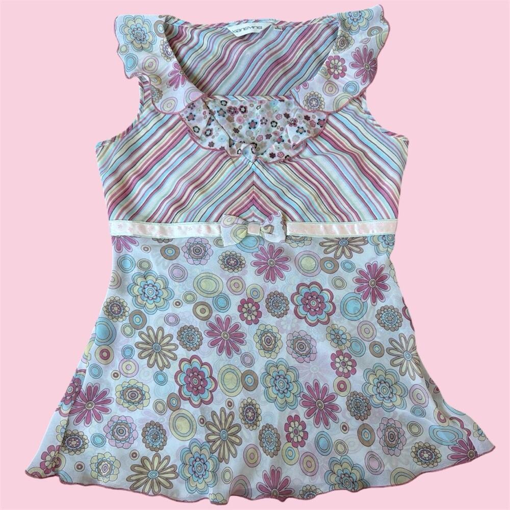 Y2K Xiangying babydoll blouse with striped top and floral patterned bottom